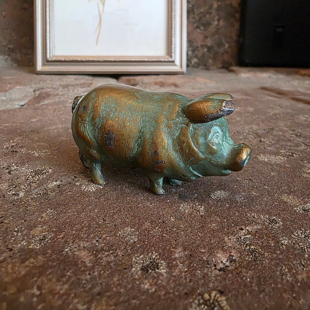 Vintage Heavy Bronze Pig Verdigris Patina Prosperity Good Fortune Fertility 2.25